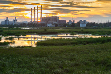 Power plant during sunset