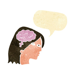 cartoon female head with brain symbol with speech bubble