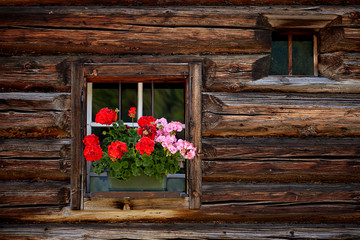 Fototapeta na wymiar Beautiful flowers on window of old traditional farmhouse