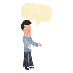 cartoon man shrugging shoulders with speech bubble