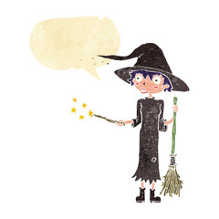 cartoon witch casting spell with speech bubble