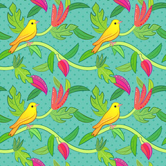 Nature seamless pattern with birds and leafs