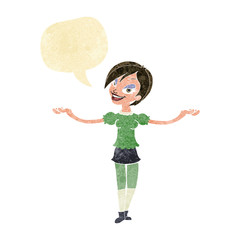 cartoon woman making open arm gesture with speech bubble
