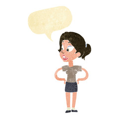cartoon woman with hands on hips with speech bubble