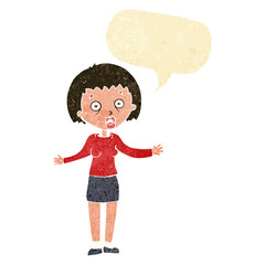 cartoon woman making excuses with speech bubble