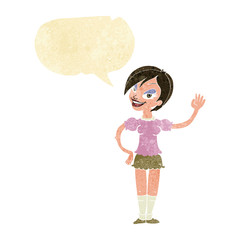 cartoon waving woman with speech bubble