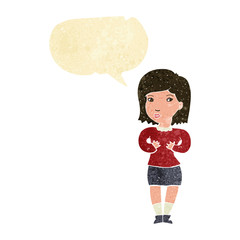 cartoon woman making excuses with speech bubble