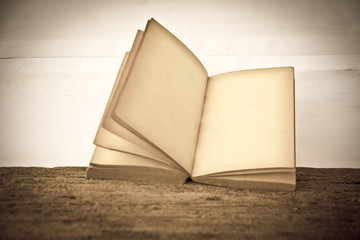 Stock Photo:.old book open blank pages, empty yellow paper on da