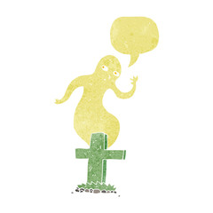 cartoon ghost rising from grave with speech bubble