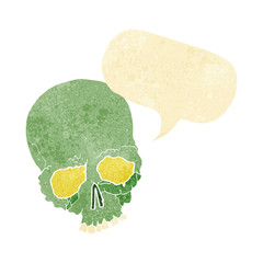 cartoon spooky old skull with speech bubble