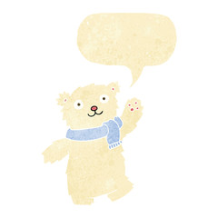 cartoon teddy bear wearing scarf with speech bubble