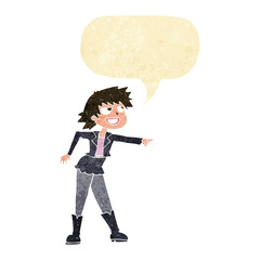 cartoon woman pointing with speech bubble