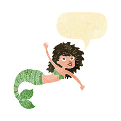 cartoon pretty mermaid waving with speech bubble