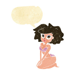 cartoon woman wearing bikini with speech bubble
