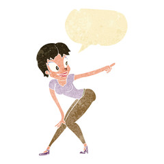 cartoon pretty woman pointing with speech bubble