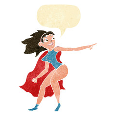 cartoon superhero woman pointing with speech bubble