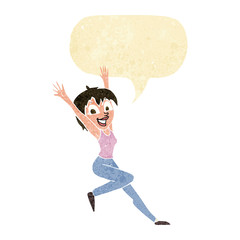 cartoon excited woman with speech bubble
