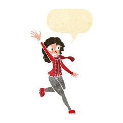 cartoon woman waving dressed for winter with speech bubble