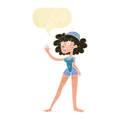 cartoon swimmer woman with speech bubble