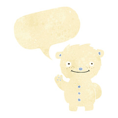 cartoon waving polar bear with speech bubble