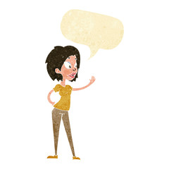 cartoon woman waving with speech bubble