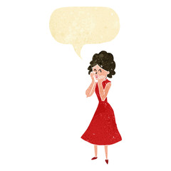 cartoon worried woman with speech bubble