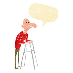 cartoon old man with walking frame with speech bubble