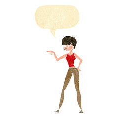 cartoon woman pointing with speech bubble