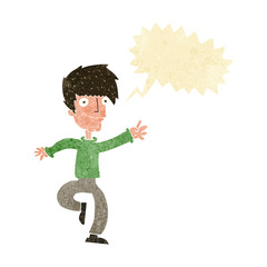 cartoon happy man dancing with speech bubble