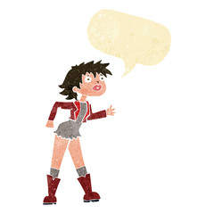 cartoon girl in leather jacket with speech bubble