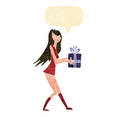 cartoon fashion girl with present with speech bubble