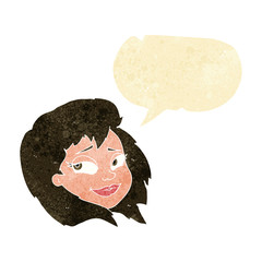 cartoon happy female face with speech bubble