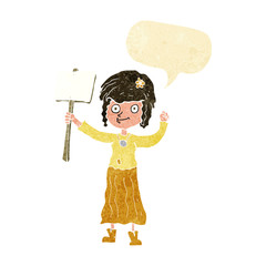 cartoon hippie girl with protest sign with speech bubble