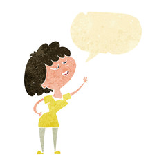 cartoon happy woman about to speak with speech bubble