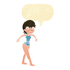 cartoon happy woman in swimming costume with speech bubble