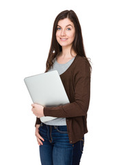 Brunette woman hold with laptop computer