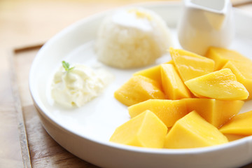 Sticky Rice with Mango on wood background
