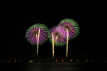 Colorful fireworks against a dark night sky with reflections in the water.  