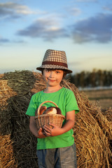 Naklejka na ściany i meble Boy with basket of buns in the background of haystacks in a field