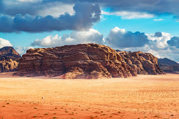 Jordanian desert in Wadi Rum, southern Jordan 60 km to the east of Aqaba. Wadi Rum has led to its designation as a UNESCO World Heritage Site and is known as The Valley of the Moon.