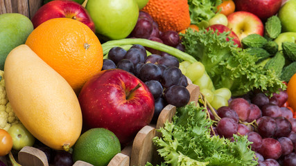 Group of tropical fresh fruits and vegetables organics