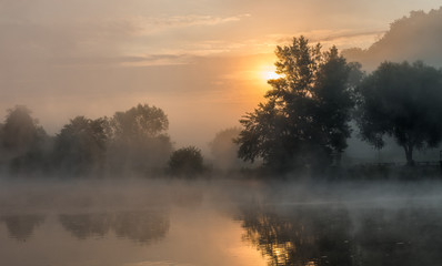 Sunrise over Vistula riverbank in Tyniec, near Krakow