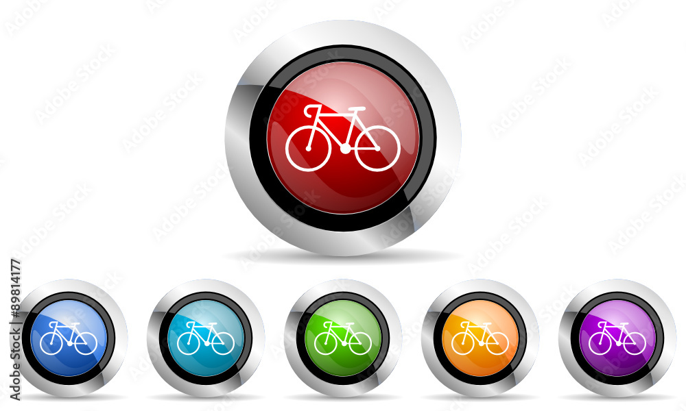 Poster bicycle colorful vector icons set on white background with shadow