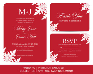 Wedding invitation cards set with thai painting elements