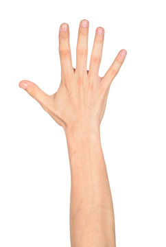 Human open hand sign against white background
