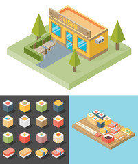 Vector isometric sushi restaurant cafe building icon
