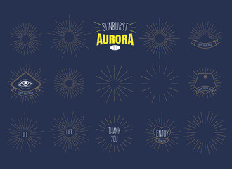 'Sunburst Aurora' Set of Retro Sun burst shapes for your next vintage design project. Collection of Sun ray frames vector design elements.Handmade quality illustration.
