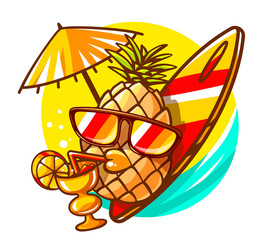 Vector illustration of colorful yellow hipster pineapple with su