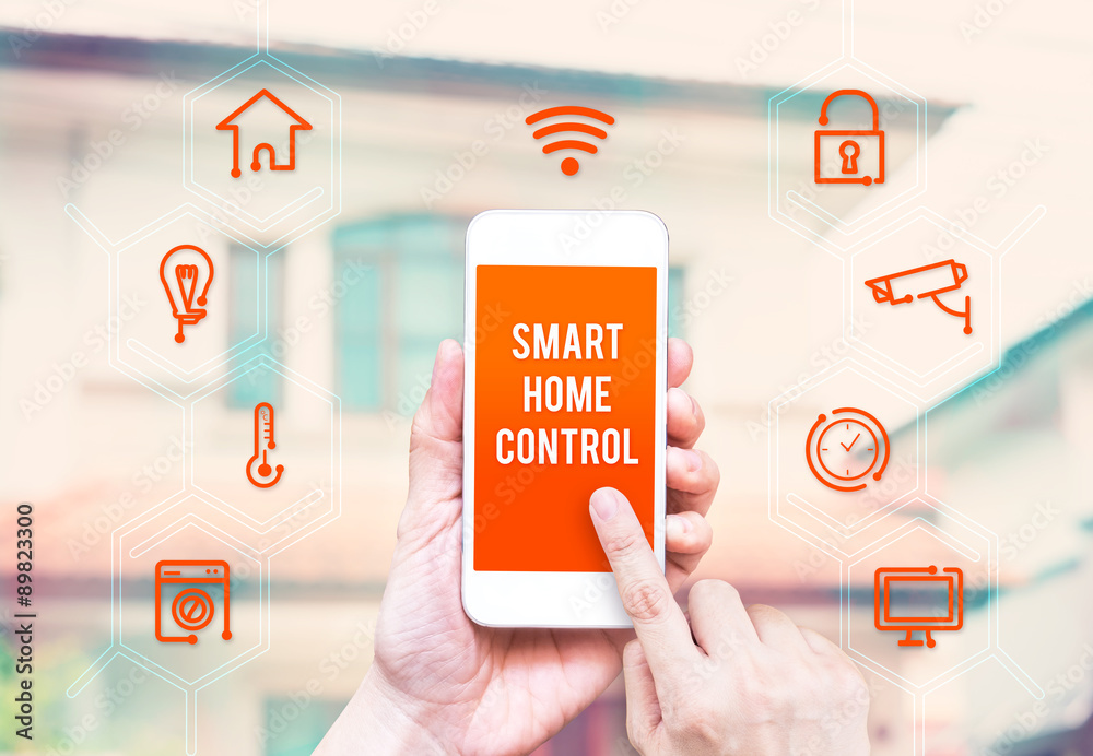 Poster hand holding smart phone with home control application with blur