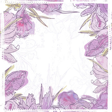 Hand drawn retro  watercolor iris flowers frame